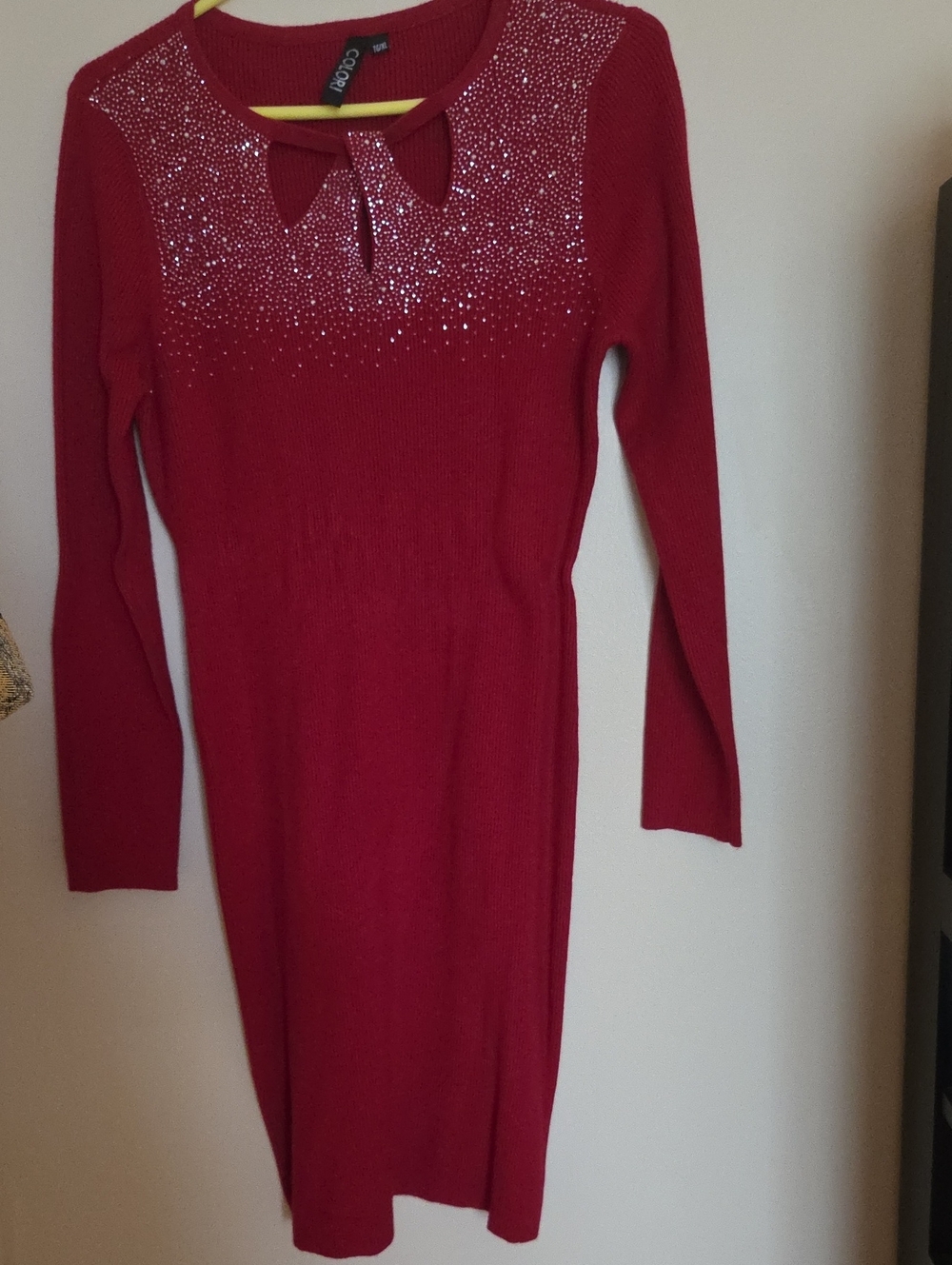 Cozy Red Long-Sleeve Knit Dress with Crystal Yoke by GOCOO